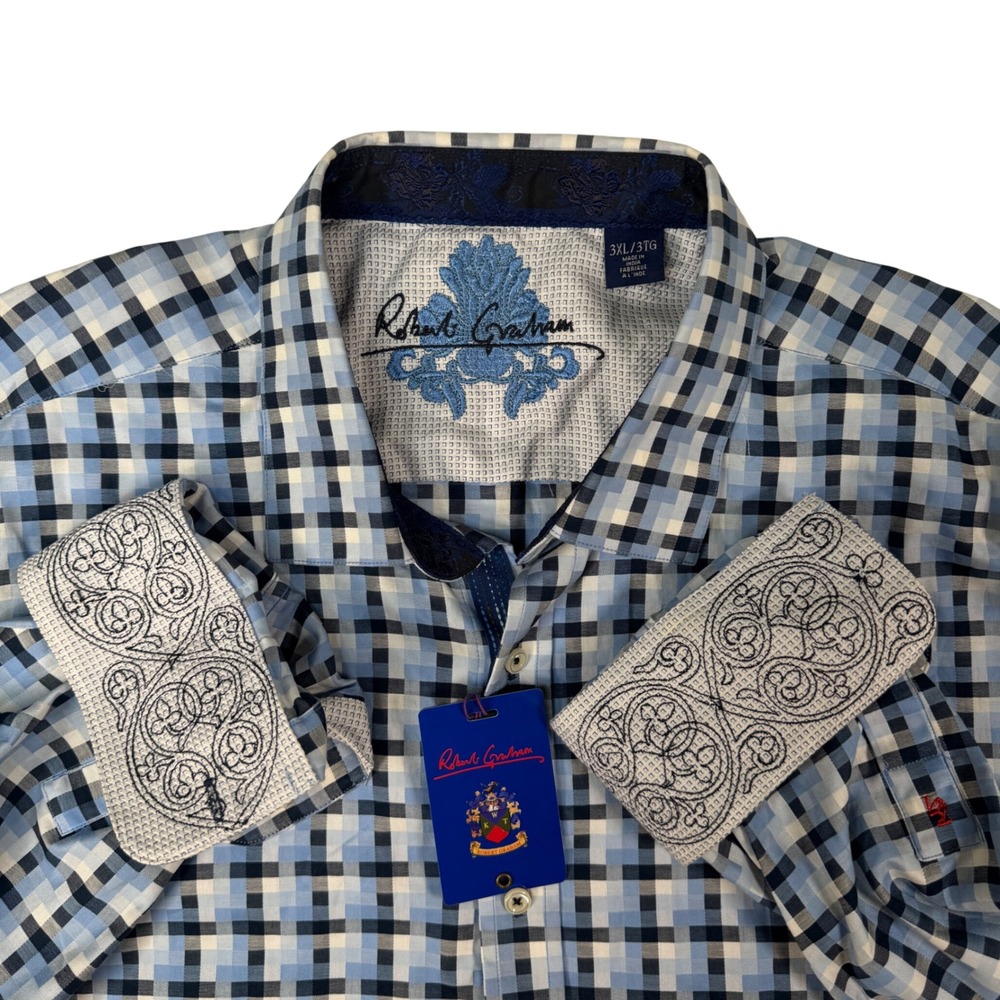NWT Robert Graham Carlisle Shirt 3XL Blue Plaid Embroidered Button Up Flip Cuff